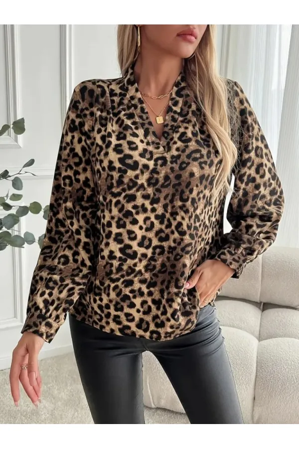 Kadın Uzun Kollu V Yakalı Modal Leopar Desenli Bluz Kadın Uzun Kollu V Yakalı Modal Leopar Desenli Bluz