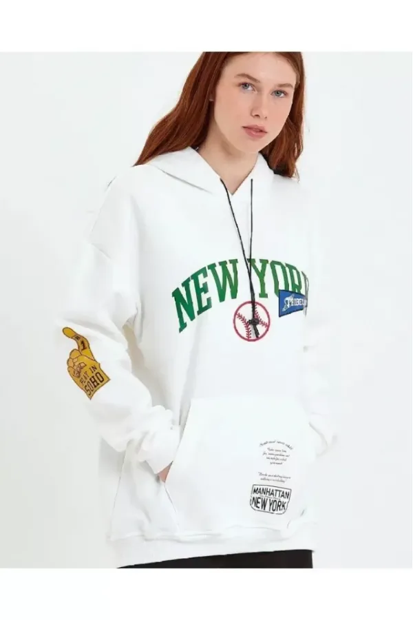 Baskılı Kapüşonlu Sweatshirt - Beyaz Baskılı Kapüşonlu Sweatshirt - Beyaz