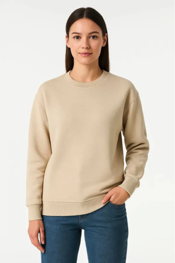 Üç İplik Düz Bisiklet Yaka SweatShirt - Bej Üç İplik Düz Bisiklet Yaka SweatShirt - Bej