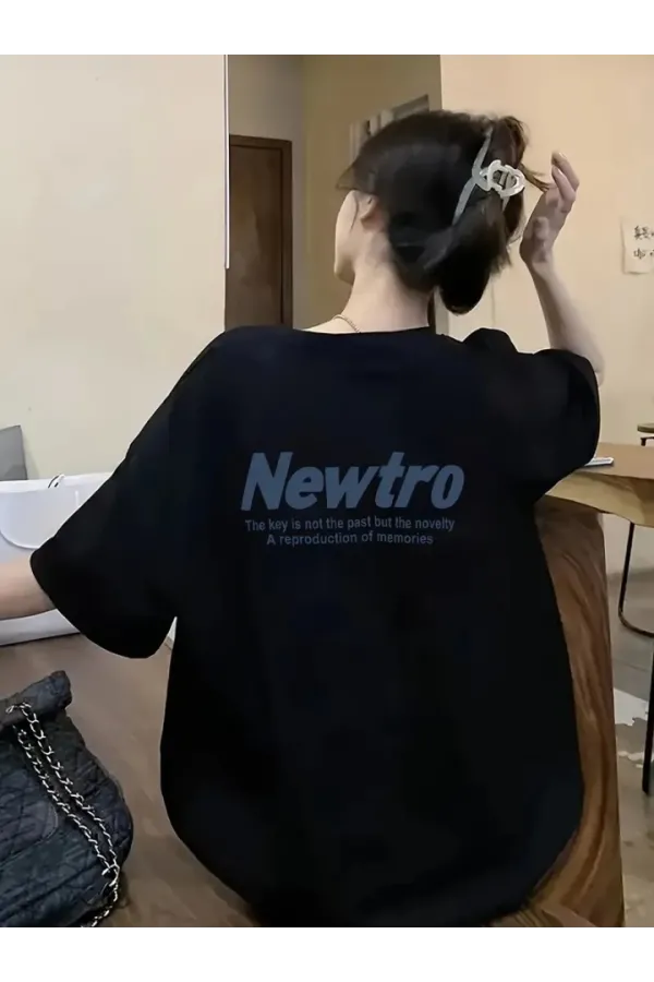 Baskılı Oversize Bisiklet Yaka T-shirt - Siyah Baskılı Oversize Bisiklet Yaka T-shirt - Siyah