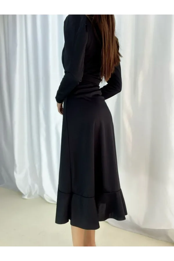 Krep Kumaş Midi Boy Kuşaklı Uzunkol Elbise 113 Cm