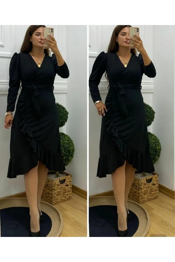 Krep Kumaş Midi Boy Kuşaklı Uzunkol Elbise 113 Cm