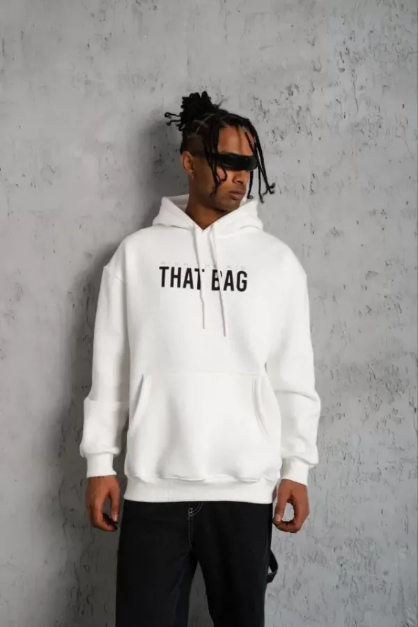 Erkek Kanguru Cep Baskılı Kapüşonlu Sweatshirt - Beyaz Erkek Kanguru Cep Baskılı Kapüşonlu Sweatshirt - Beyaz