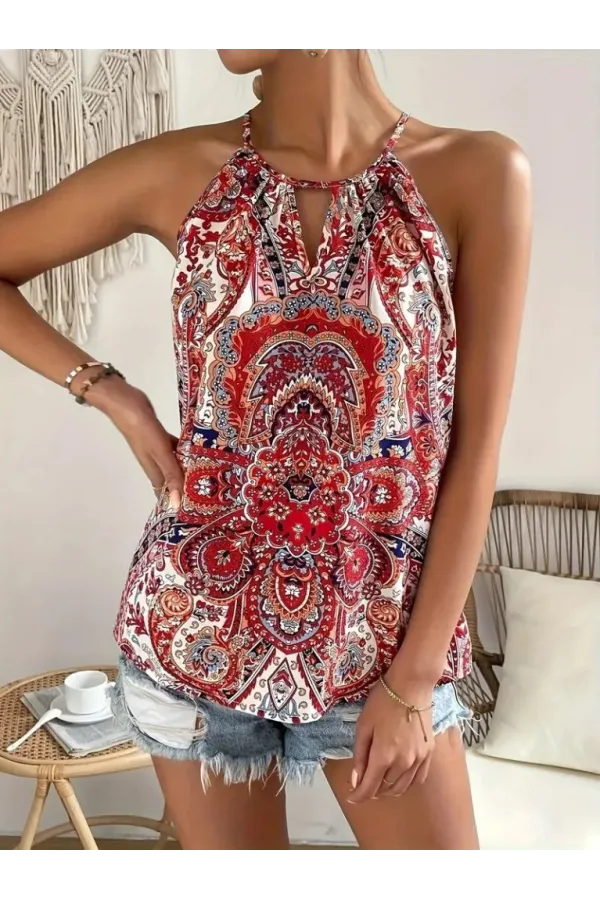 Kadın Halter Kollu Damla Detaylı Desenli Süprem Bluz Kadın Halter Kollu Damla Detaylı Desenli Süprem Bluz