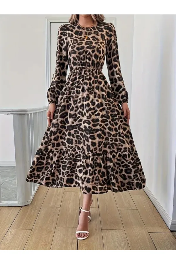 Uzun Kollu Bisiklet Yaka Leopar Desenli Midi Süprem Elbise Uzun Kollu Bisiklet Yaka Leopar Desenli Midi Süprem Elbise