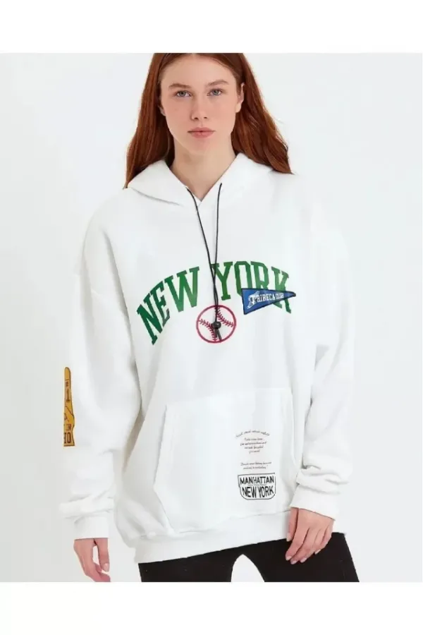 Baskılı Kapüşonlu Sweatshirt - Beyaz Baskılı Kapüşonlu Sweatshirt - Beyaz