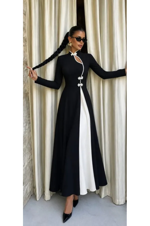 Kadın Uzun Kollu Hakim Yaka Detaylı Damlalı çift Renkli Uzun Janjan Krep Elbise