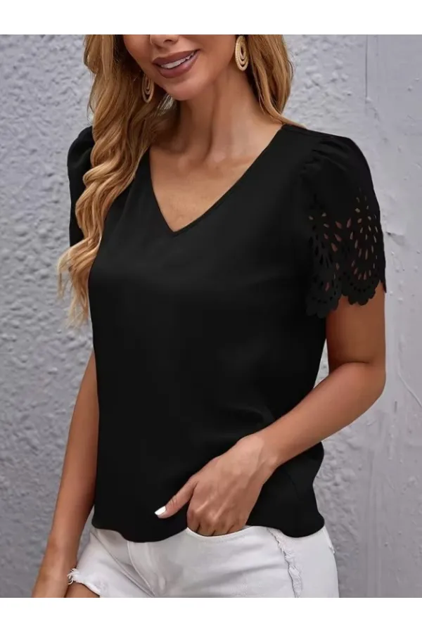 Kadın Kısa Kollu V Yakalı Kolu Dantelli Dubai Bluz Kadın Kısa Kollu V Yakalı Kolu Dantelli Dubai Bluz