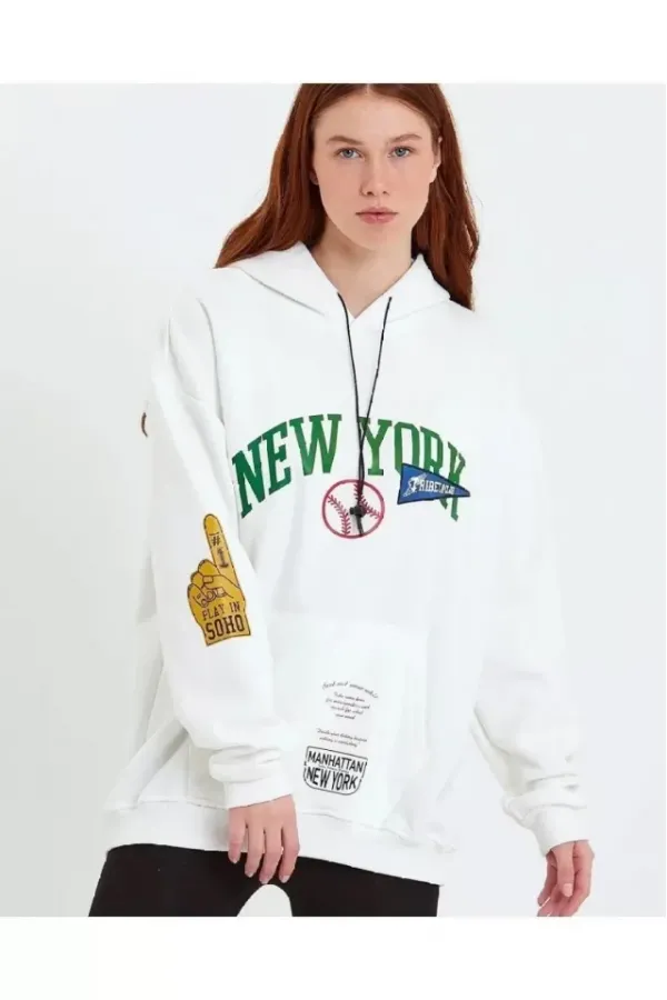 Baskılı Kapüşonlu Sweatshirt - Beyaz Baskılı Kapüşonlu Sweatshirt - Beyaz