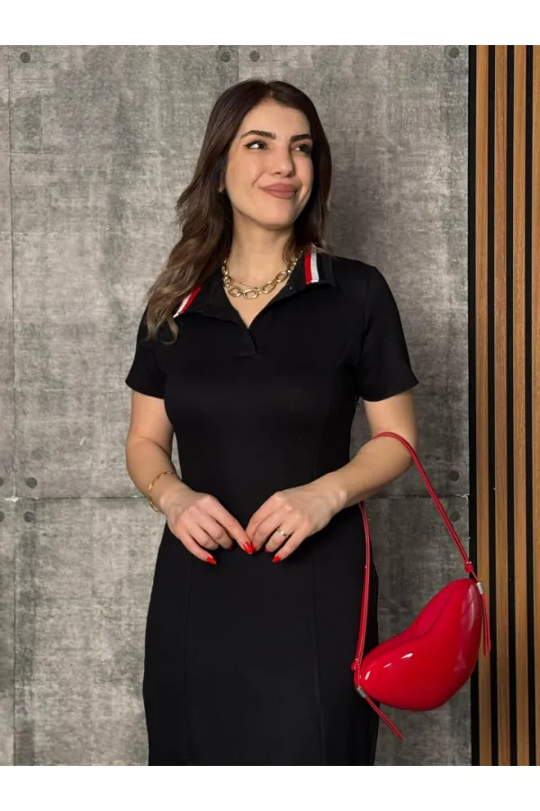 Kadın Yaka Ribanalı Çift Yırtmaçlı Elbise Kadın Yaka Ribanalı Çift Yırtmaçlı Elbise