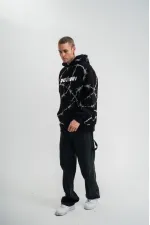 ERKEK Kapüşonlu Varak ve Pano Baskılı Hoodie  SweatShirt- Siyah