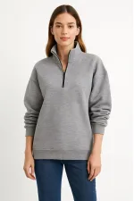 Kadın 3 İplik Pamuklu Dık Yaka Yarım Fermuarlı SweatShirt - Gri