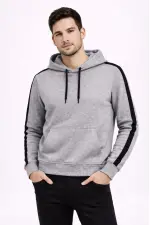Erkek Şeritli Kapüşonlu Sweatshirt Oversize 3 iplik Pamuklu Hoodie - Gri Erkek Şeritli Kapüşonlu Sweatshirt Oversize 3 iplik Pamuklu Hoodie - Gri