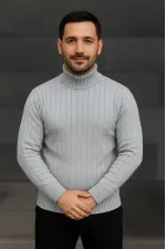 Erkek Tam Boğazlı Balıkçı Yaka Triko Kazak Kalın Fitilli -  Gri