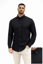 Erkek KETEN Kumaş Uzun Kollu Regular Fit Gömlek - Siyah Erkek KETEN Kumaş Uzun Kollu Regular Fit Gömlek - Siyah