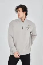 Erkek Yarım Fermuarlı Baskılı 3 iplik pamuklu sweatshirt - Boyalı Gri