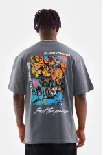 Erkek Tişort Bisiklet Yaka Baskılı Oversize T-Shirt - Gri Erkek Tişort Bisiklet Yaka Baskılı Oversize T-Shirt - Gri
