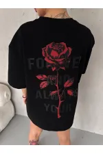 kadın Bisiklet Yaka Baskılı Oversize Kısa kol T-Shirt - Siyah kadın Bisiklet Yaka Baskılı Oversize Kısa kol T-Shirt - Siyah