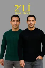 Erkek Fitilli Triko Kazak 2’li Set Siyah Haki Kalın Dokuma Pamuklu Regular Fit Bisiklet Erkek Fitilli Triko Kazak 2’li Set Siyah Haki Kalın Dokuma Pamuklu Regular Fit Bisiklet