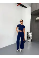 Kadın Modal Yumuşak Kumaş Crop Üst İspanyol Paça İkili Takım - Lacivert Kadın Modal Yumuşak Kumaş Crop Üst İspanyol Paça İkili Takım - Lacivert