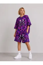 Kız Çocuk Oversize Kalıp Pubg Bape X Shark Nakışlı Cepli Şort Takım - Mor Kız Çocuk Oversize Kalıp Pubg Bape X Shark Nakışlı Cepli Şort Takım - Mor