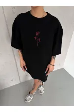 kadın Bisiklet Yaka Baskılı Oversize Kısa kol T-Shirt - Siyah kadın Bisiklet Yaka Baskılı Oversize Kısa kol T-Shirt - Siyah