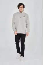 Erkek Yarım Fermuarlı Baskılı 3 iplik pamuklu sweatshirt - Boyalı Gri