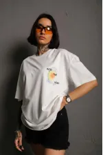 kadın Bisiklet Yaka Baskılı Oversize Kısa kol T-Shirt - Beyaz kadın Bisiklet Yaka Baskılı Oversize Kısa kol T-Shirt - Beyaz