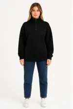 Kadın 3 İplik Pamuklu Dık Yaka Yarım Fermuarlı SweatShirt - Siyah Kadın 3 İplik Pamuklu Dık Yaka Yarım Fermuarlı SweatShirt - Siyah