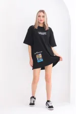 kadın Bisiklet Yaka Baskılı Oversize T-Shirt - Siyah kadın Bisiklet Yaka Baskılı Oversize T-Shirt - Siyah