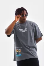 Erkek Tişort Bisiklet Yaka Baskılı Oversize T-Shirt - Gri Erkek Tişort Bisiklet Yaka Baskılı Oversize T-Shirt - Gri