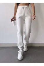 Kadın 3 iplik Pamuklu Paça Lastikli Eşofman Pantolon - Beyaz Kadın 3 iplik Pamuklu Paça Lastikli Eşofman Pantolon - Beyaz