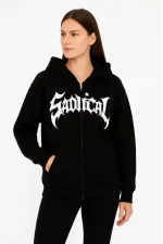 Kadın Kapüşonlu 3 İplik Şardonlu Önü Baskılı Fermuarlı Oversize Sweatshirt - Siyah Kadın Kapüşonlu 3 İplik Şardonlu Önü Baskılı Fermuarlı Oversize Sweatshirt - Siyah