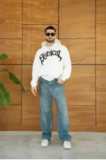 Erkek Kapüşonlu 3 İplik Şardonlu Önü Baskılı Fermuarlı Oversize Sweatshirt - Beyaz Erkek Kapüşonlu 3 İplik Şardonlu Önü Baskılı Fermuarlı Oversize Sweatshirt - Beyaz