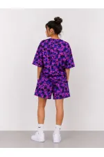 Kadın Oversize Kalıp Pubg Bape X Shark Nakışlı Cepli Şort Takım - Mor