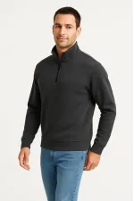 Erkek Dik Yaka Yarım Fermuarlı 3 İplik Pamuklu Sweatshirt - Antrasit Erkek Dik Yaka Yarım Fermuarlı 3 İplik Pamuklu Sweatshirt - Antrasit