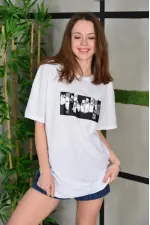 Kadın Bisiklet Yaka Baskılı Kısa kol Oversize T-Shirt - Beyaz Kadın Bisiklet Yaka Baskılı Kısa kol Oversize T-Shirt - Beyaz