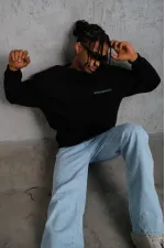 Erkek Bisiklet Yaka Baskılı 3 iplik pamuklu Sweatshirt - Siyah Erkek Bisiklet Yaka Baskılı 3 iplik pamuklu Sweatshirt - Siyah