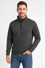 Erkek Dik Yaka Yarım Fermuarlı 3 İplik Pamuklu Sweatshirt - Antrasit Erkek Dik Yaka Yarım Fermuarlı 3 İplik Pamuklu Sweatshirt - Antrasit