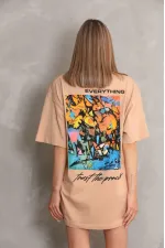 kadın Bisiklet Yaka Baskılı Oversize Kısa kol T-Shirt - Bej kadın Bisiklet Yaka Baskılı Oversize Kısa kol T-Shirt - Bej