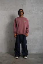 Erkek Bisiklet Yaka Baskılı 3 iplik pamuklu Sweatshirt - Gül Kurusu