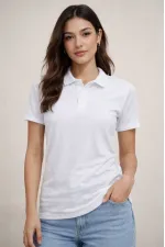 Kadın Polo Yaka Pike Kumaş Düğmeli Basic Tişört T-Shirt Günlük Rahat - Beyaz Kadın Polo Yaka Pike Kumaş Düğmeli Basic Tişört T-Shirt Günlük Rahat - Beyaz