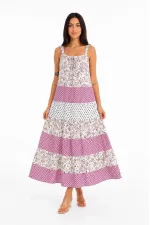 Kadın Askılı Çiçek Desenli Keten Kumaş Kat Kat Salaş Maxi Elbise - Pembe Kadın Askılı Çiçek Desenli Keten Kumaş Kat Kat Salaş Maxi Elbise - Pembe