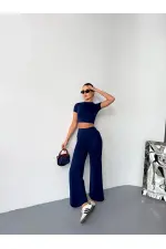 Kadın Modal Yumuşak Kumaş Crop Üst İspanyol Paça İkili Takım - Lacivert Kadın Modal Yumuşak Kumaş Crop Üst İspanyol Paça İkili Takım - Lacivert