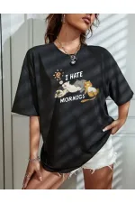 Kadın Tişört Bisiklet Yaka Baskılı Oversize T-Shirt - Siyah Kadın Tişört Bisiklet Yaka Baskılı Oversize T-Shirt - Siyah