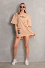 kadın Bisiklet Yaka Baskılı Oversize Kısa kol T-Shirt - Bej kadın Bisiklet Yaka Baskılı Oversize Kısa kol T-Shirt - Bej
