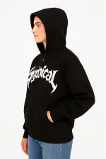 Kadın Kapüşonlu 3 İplik Şardonlu Önü Baskılı Fermuarlı Oversize Sweatshirt - Siyah Kadın Kapüşonlu 3 İplik Şardonlu Önü Baskılı Fermuarlı Oversize Sweatshirt - Siyah