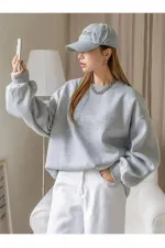 Kadın 3 İplik Pamuklu Oversize Yarım Fermuarlı Yakalı Basic Sweatshirt - Gri Kadın 3 İplik Pamuklu Oversize Yarım Fermuarlı Yakalı Basic Sweatshirt - Gri