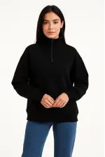 Kadın 3 İplik Pamuklu Dık Yaka Yarım Fermuarlı SweatShirt - Siyah Kadın 3 İplik Pamuklu Dık Yaka Yarım Fermuarlı SweatShirt - Siyah