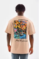 Erkek Bisiklet Yaka Baskılı Oversize T-Shirt - Bej Erkek Bisiklet Yaka Baskılı Oversize T-Shirt - Bej
